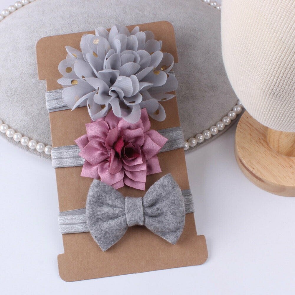 3 Stks/set Bloemen Bows Baby Hoofdband Dot Strik Haarband Baby Meisje Hoofdbanden Katoen Kids Haarband Meisjes Haar Accessoires: Gray