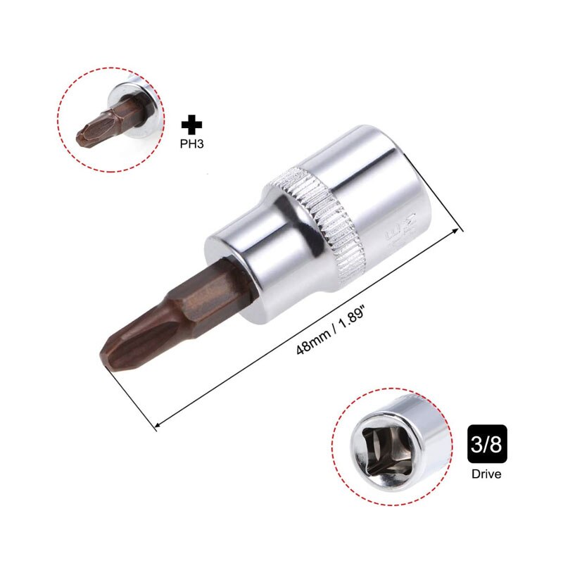 5 Pcs 3/8" Drive x PH1 PH2 PH3 Phillips Bit Socket, Standard Metric, S2 and Cr-V Steel