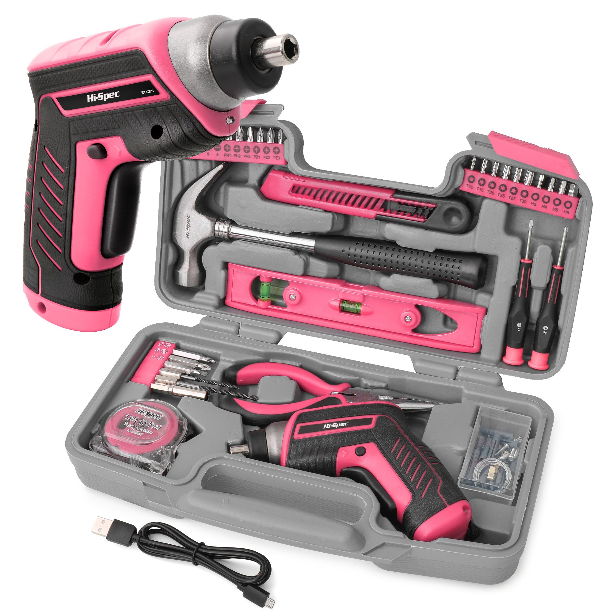 Hi-spec 35pc 4v usb elektrisk skruetrækker li-ion pink hjem diy husholdningsværktøj sæt håndværktøjssæt til gril dame kvinder