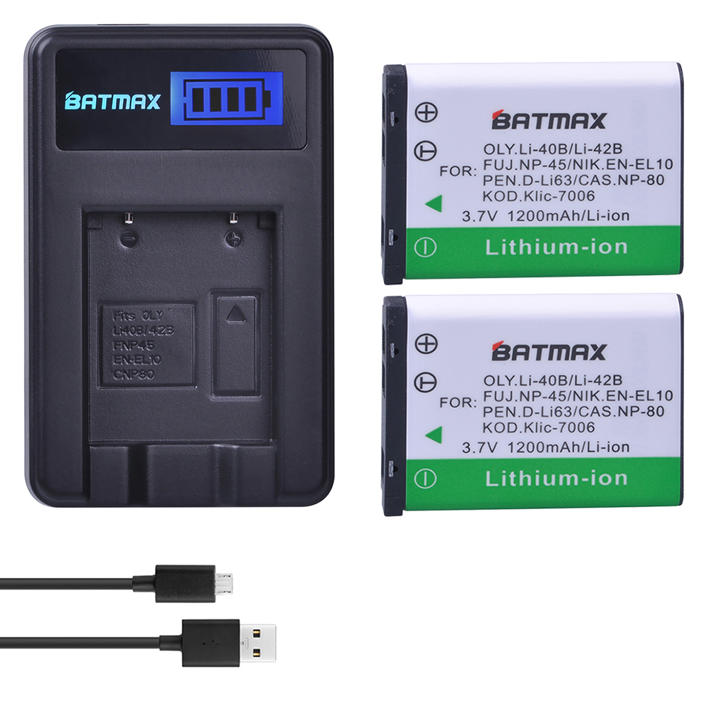 2 Pcs Li-40B Li 40B 42B Batterij + LCD USB Lader voor Olympus Li-42B NP-45 EN-EL10 D-Li63 D-Li108 NP-80 CNP80 KLIC-7006 Batterijen