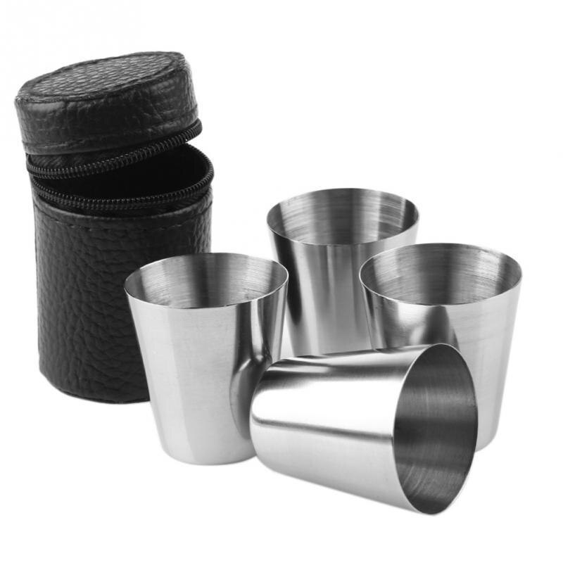 4/6Pcs/Set Travel Outdoor Practical Stainless Steel Cups Shots Set Glasses For Whisky Wine 30ml Portable Set With Case Ideal: 4pcs