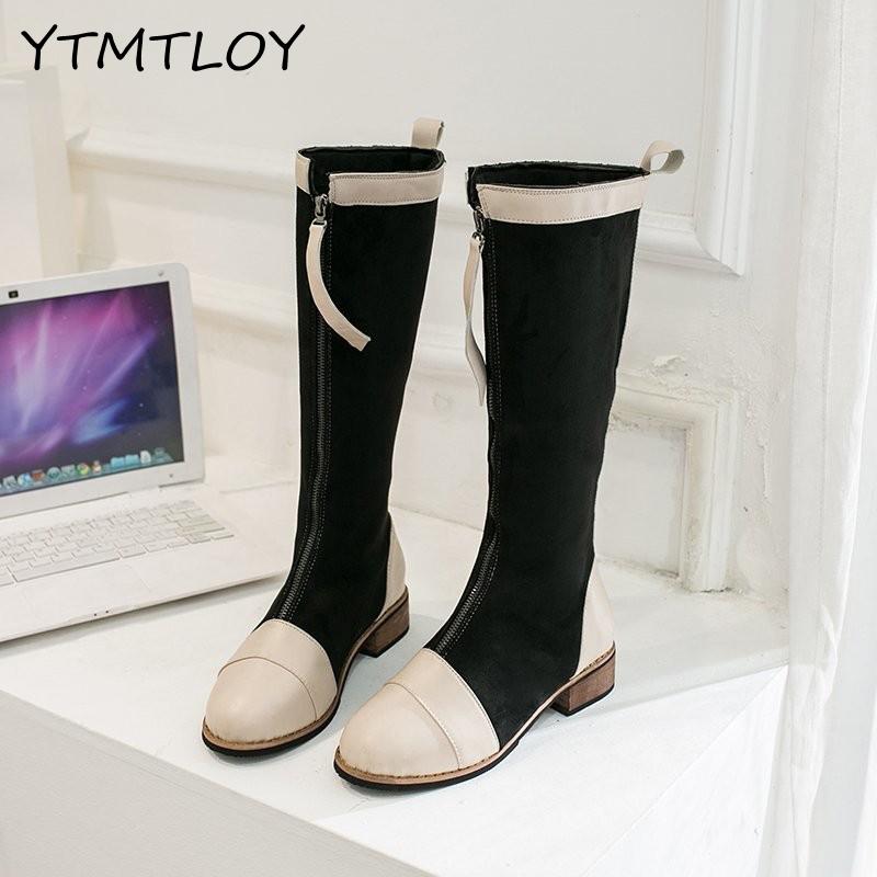 Bottes de créateur en cuir à genoux pour femmes, à bout rond, longues, épaisses, bloc, à talons hauts, noir, Beige