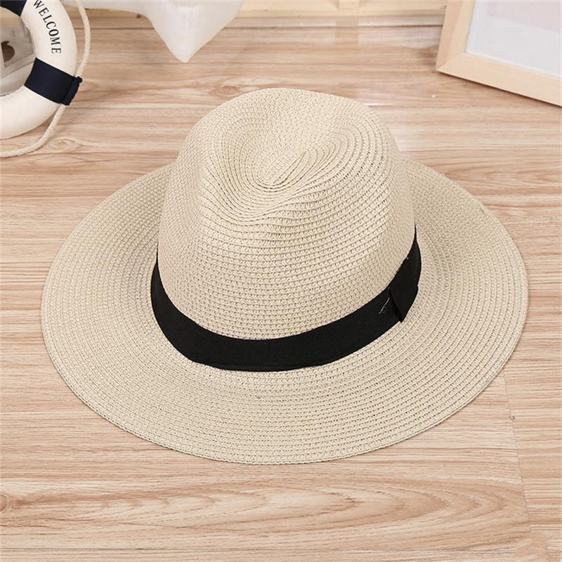 Women's Sun Hat Ribbon Round Flat Top Straw DIY Beach Panama Hat Summer Hats For Women Straw Hats Snapback Gorras: Beige
