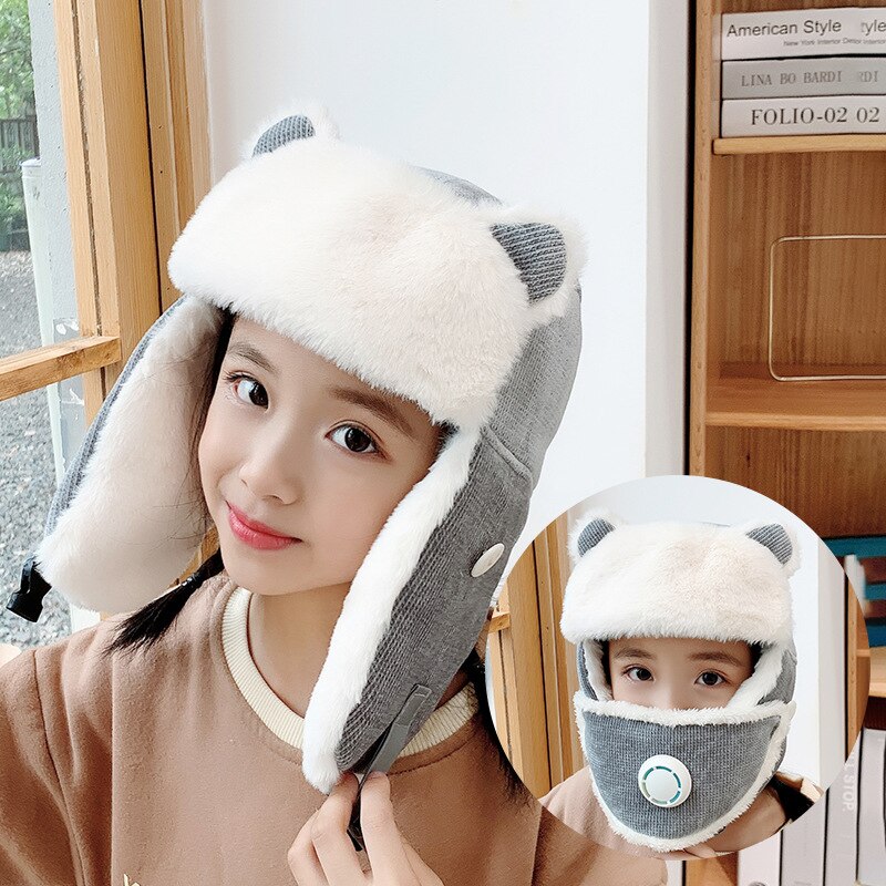 HT3382 Warm Russian Hat Kids Cute Ears Earflap Cap Boys Girls Winter Hats with Mask Children Windproof Russian Cap Bomber Hat: Gray