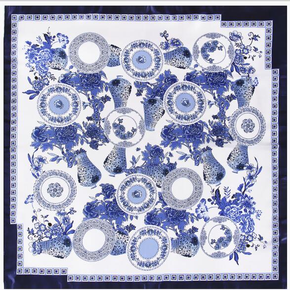 90cm kvinder silketørklæde kinesisk blå og hvidt porcelænsprint tørklæder med firkantet hals dame foulard hovedbånd stort lommetørklæde: Default Title
