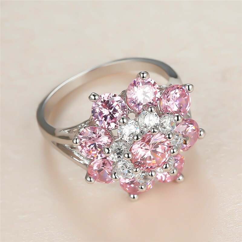 Charme Silber Farbe Große Hochzeit Ring zierlich Nette Blume Zirkon Engagement Ring Jahrgang Weibliche Rosa Kristall Stein Ringe Für Frauen