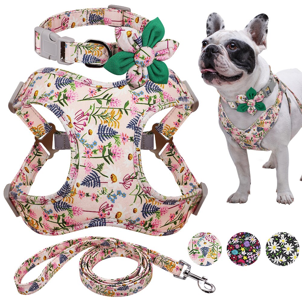 French Bulldog Harness Leash And Collar Set Printed Pull Dog Harness Leash Collar Vest Small Large Dogs Medium Set For