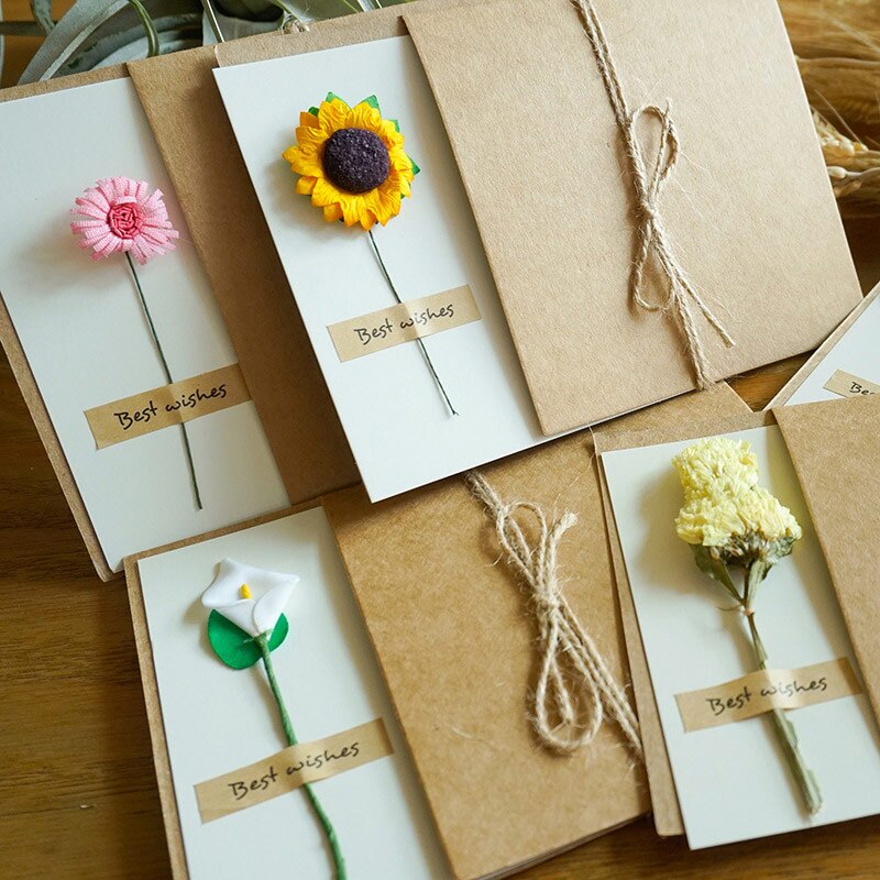 DIY Kraft Paper Handmade Dried Flowers Invitation Greeting Card Happy Birthday Grateful Thank You Card Christmas Wedding Favors