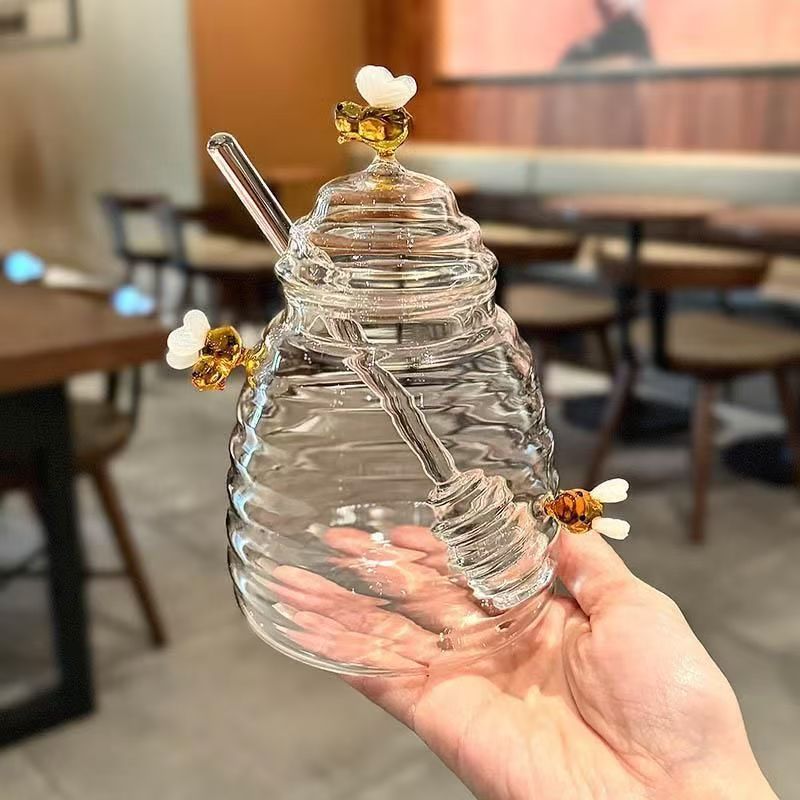Glass Honey Jar with Dipper & Lid, Cute Bee Decor Honey Pot, 14oz Clear Glass Honey Container for Kitchen