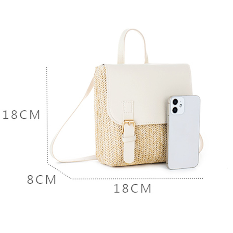 Vintage Straw Backpack Women's Shoulder Bag Versatile Straw Woven PU Leather Luxury Small Backpack