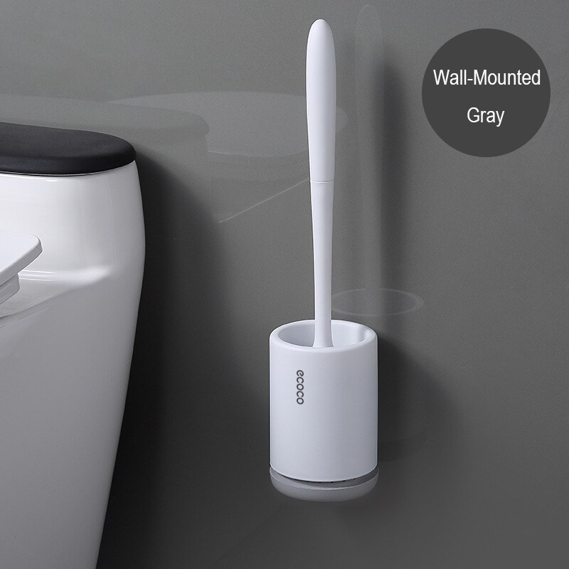 Silicone Toilet Brush With Holder Set Plastic Toilet Bowl Brush Wall-mounted or Floor-Standing Bathroom Toilet Cleaning Brush: WT Gray