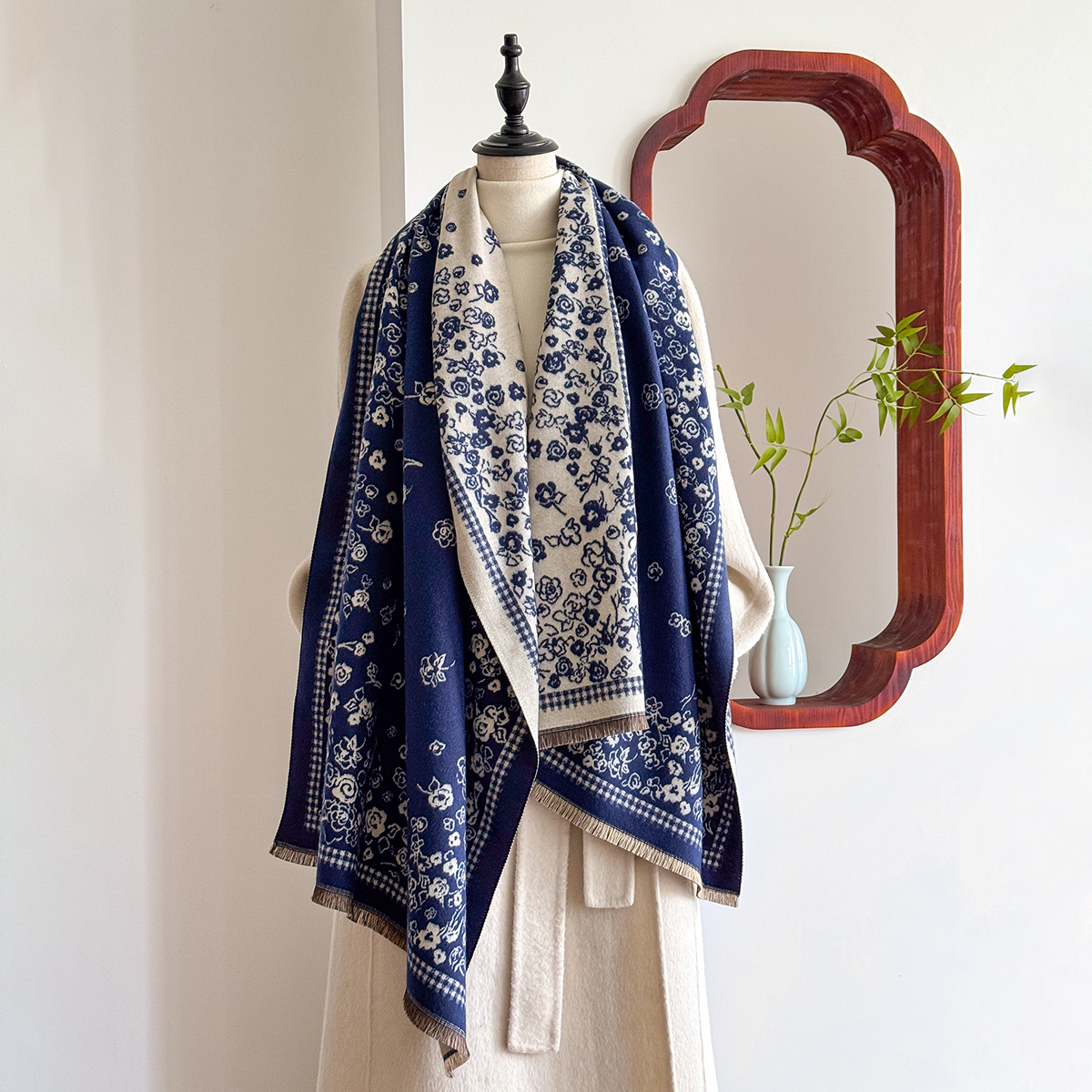 Bufanda manta de invierno de de de lujo, chales para mujer, Pashmina cálida con estampado de lunares y encaje, envoltura grande nueva: Azul