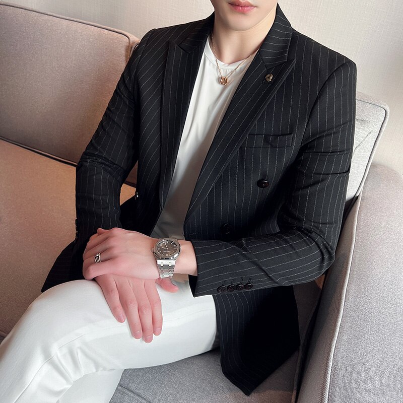 Black/Gray Mens Business Formal Suit Jacket Double Breasted Striped Blazer Mens British Style Slim Fit Casual Wedding Suit Coats