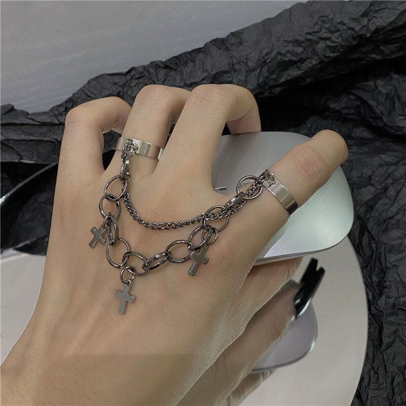 2 Stks/set Punk Lange Kwast Ketting Ringen Voor Vrouwen Hip Hop Mannen Zilver Kleur Hollow Geometrische Paar Ring Set Mode partij Sieraden: RI21Y0529