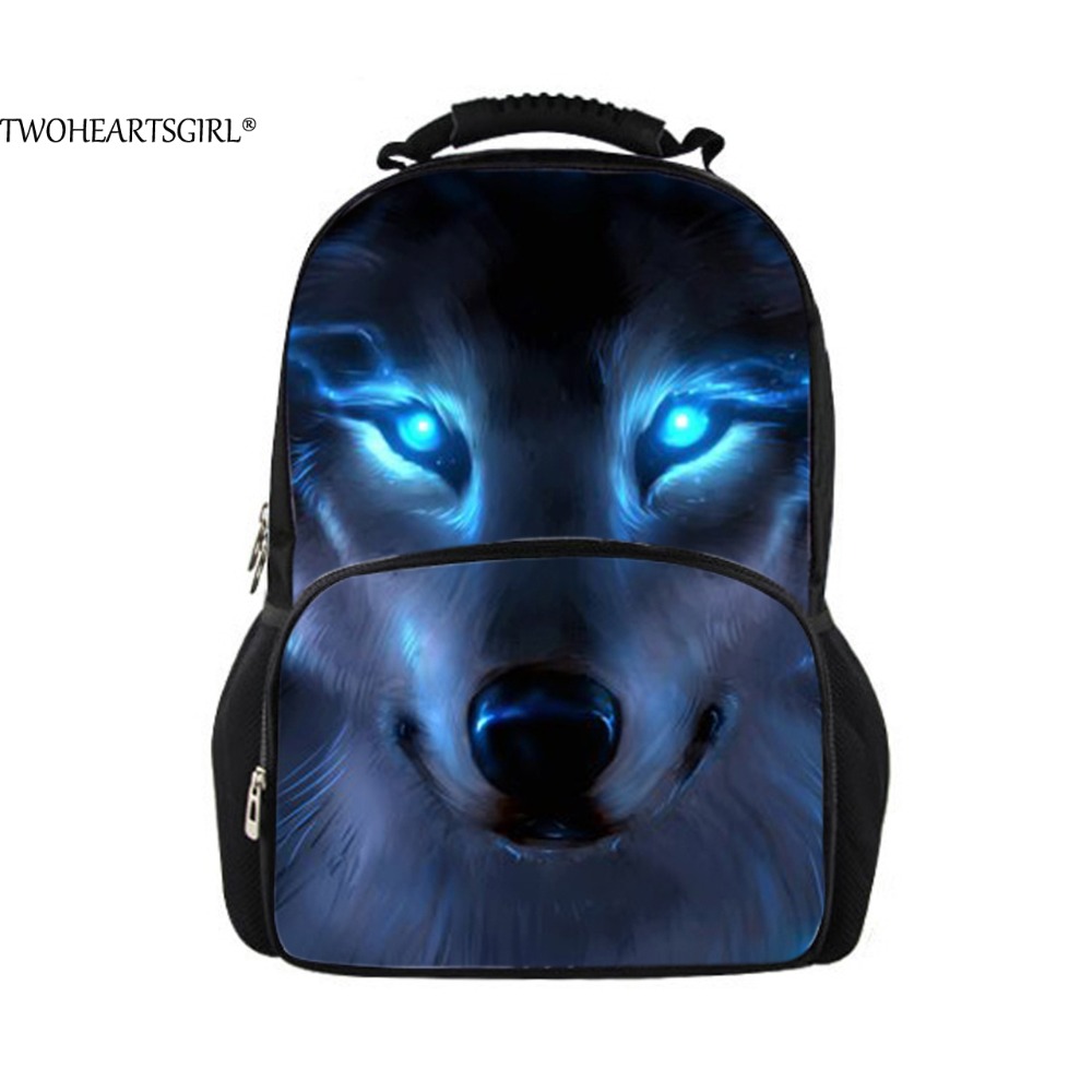 TWOHEARTSGIRL Cool 3d Wolf Print Backpack for Men Big Boys Animal Backpack Student Laptop Bagpack Travel Rucksack Felt Fabric