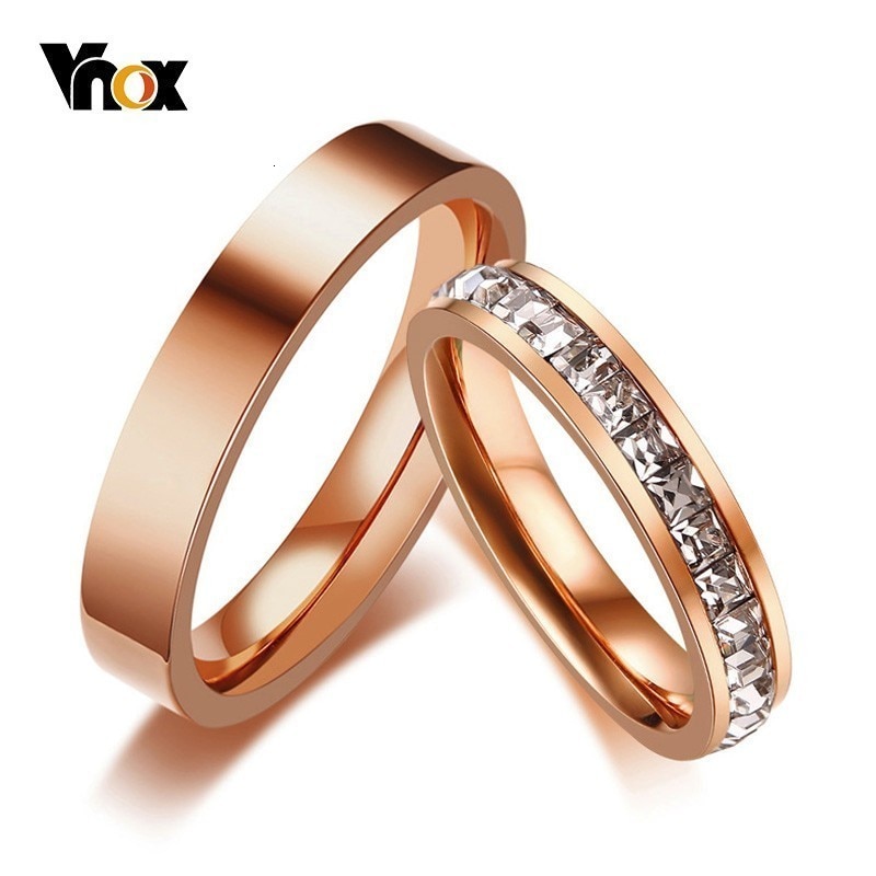 Vnox 3mm bight 585 rosa ouro tom anéis de noivado para mulher homem de aço inoxidável com pedras cz completa shinny anéis de casamento