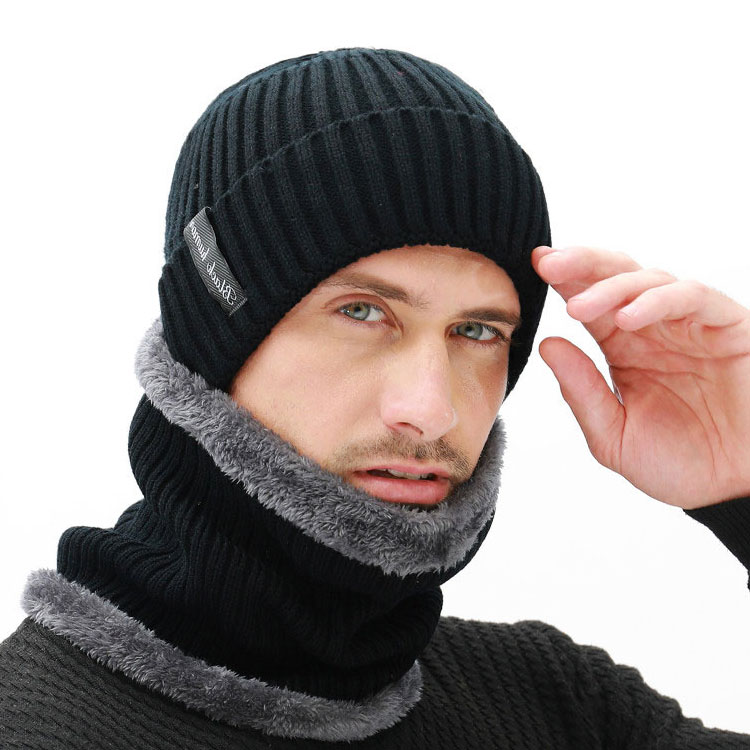 Frauen Mützen Hüte Schal einstellen Winter Hüte Für Männer Frauen Warme Wolle Rippen Gestrickte Kappe Und Schals Anzug Männlich Schwarz motorhaube Skullies
