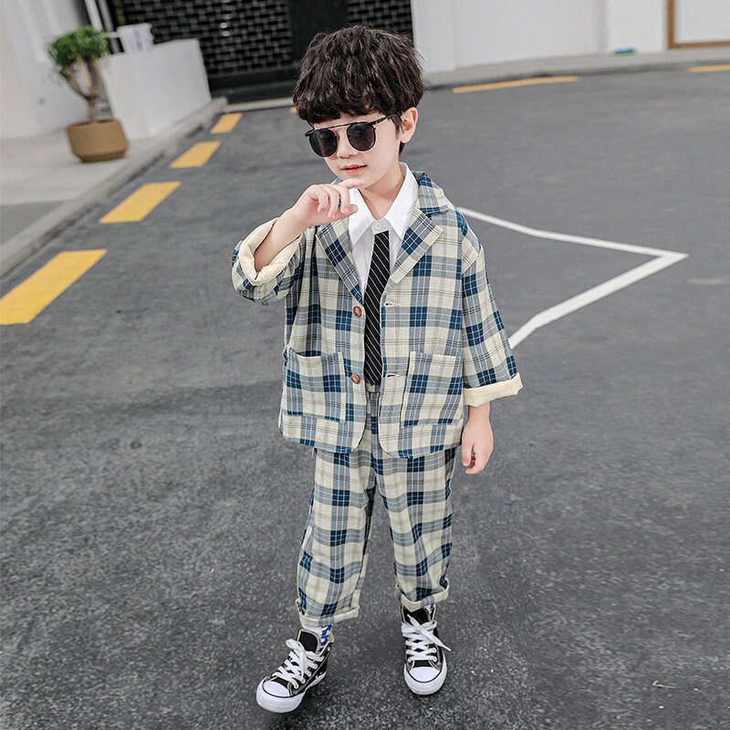 2 Stuks Kids Plaid Bruiloft Blazer Pak Voor Peuter Jongens Formele Kostuum School Pak Voor Kinderen Lente kleding Sets: Blauw / 4