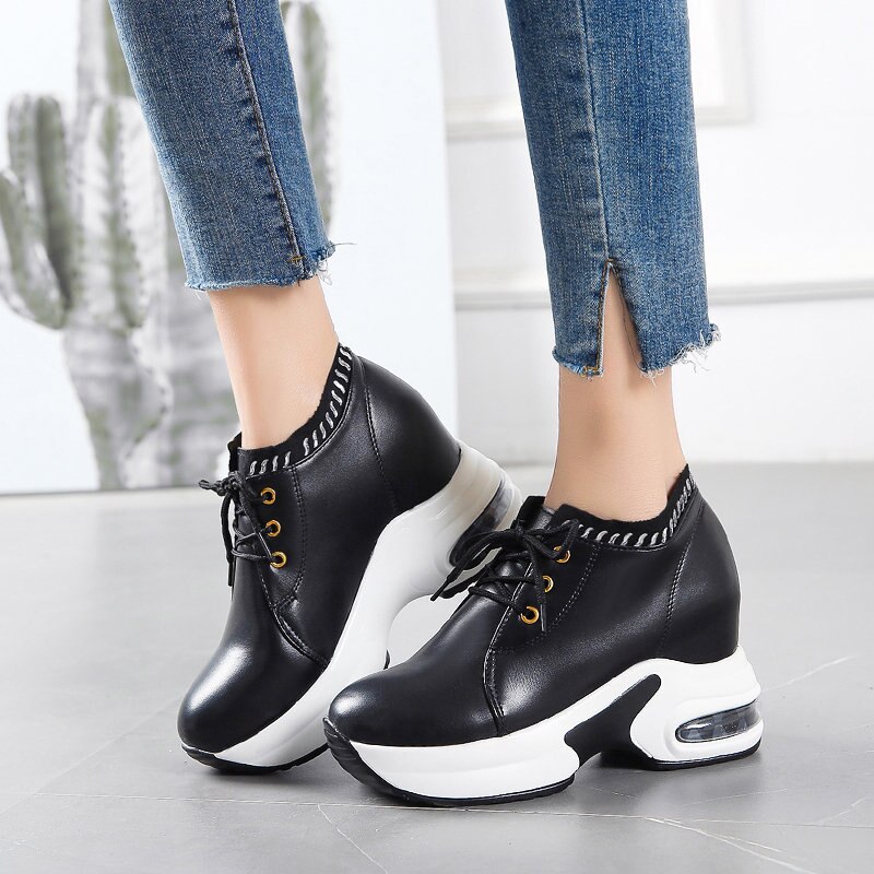 Platform Sneakers Zwart Verborgen Sleehak Casual Schoenen Voorjaar Vrouwen Lift High-Hakken Laarzen Vrouwen Sneakers 8 Cm hakken