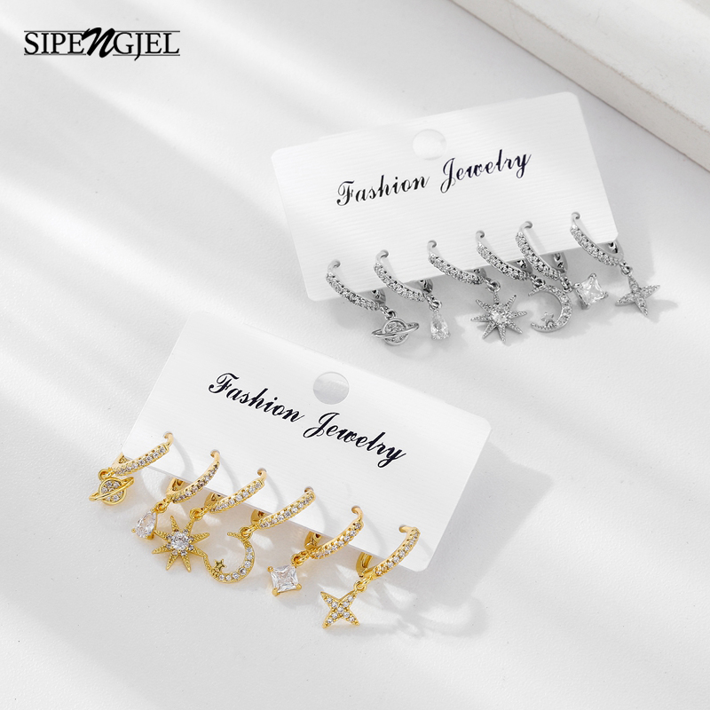 SIPENGJEL orecchini a cerchio in cristallo di zircone lucido di moda Set orecchini pendenti a forma di stella geometrica per gioielli da donna 2021