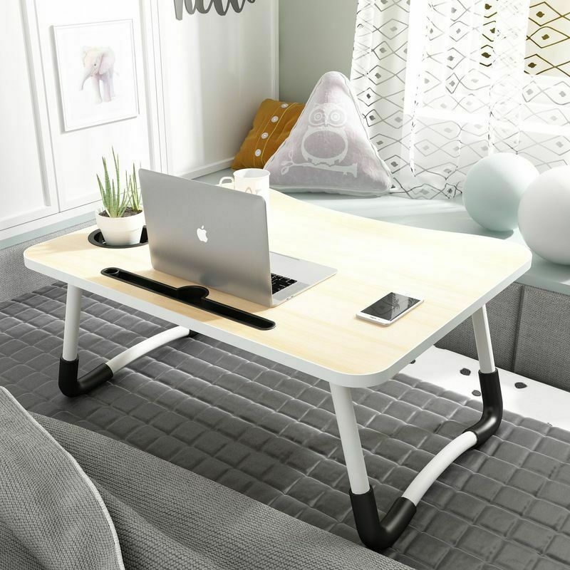 Mesa plegable para ordenador portátil con agujero en la ranura, escritorio portátil para cama, sofá, mesa de estudio: beige