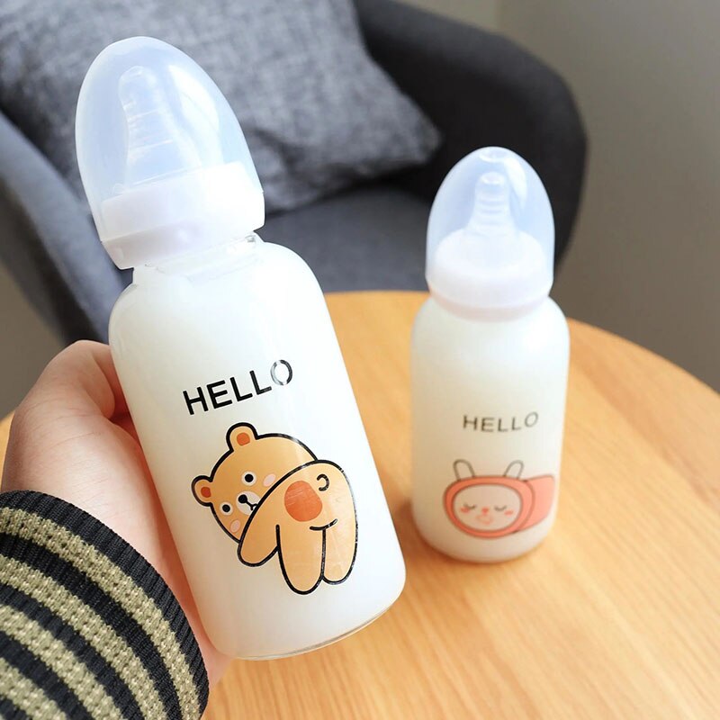300ML Baby glass Milk Bottles Newborn Nursing Nipple Straight Bottle Pacifier Milk Water Feeding: Yellow Bear