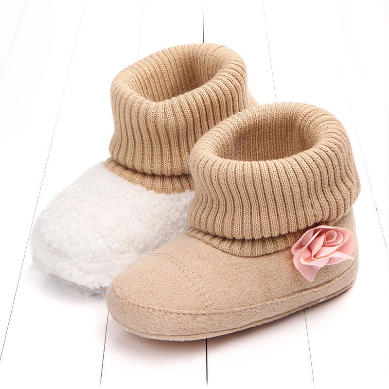 Thinck Lange Pluche Baby Peuter Meisje Snowboots Winter Baby Schoenen Leuke Bloem Zachte Katoen Breien Antislip Warm meisjes Laarzen: khaki / 7-12 Months