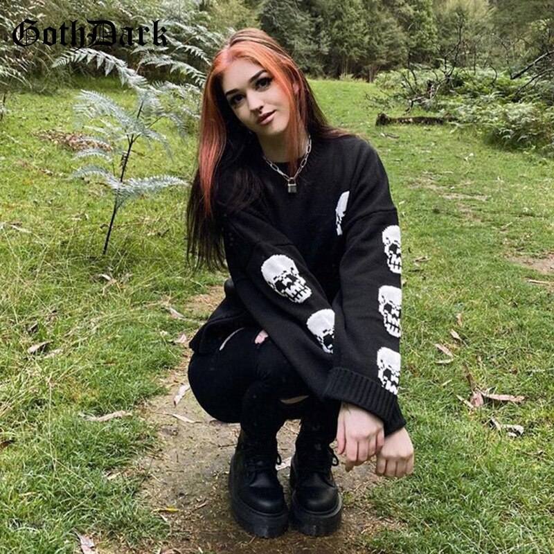 goth mørk gotisk kintted svarte gensere punk langermet løse crewneck gensere kvinner høst vinter streetwear kjøpesenter goth