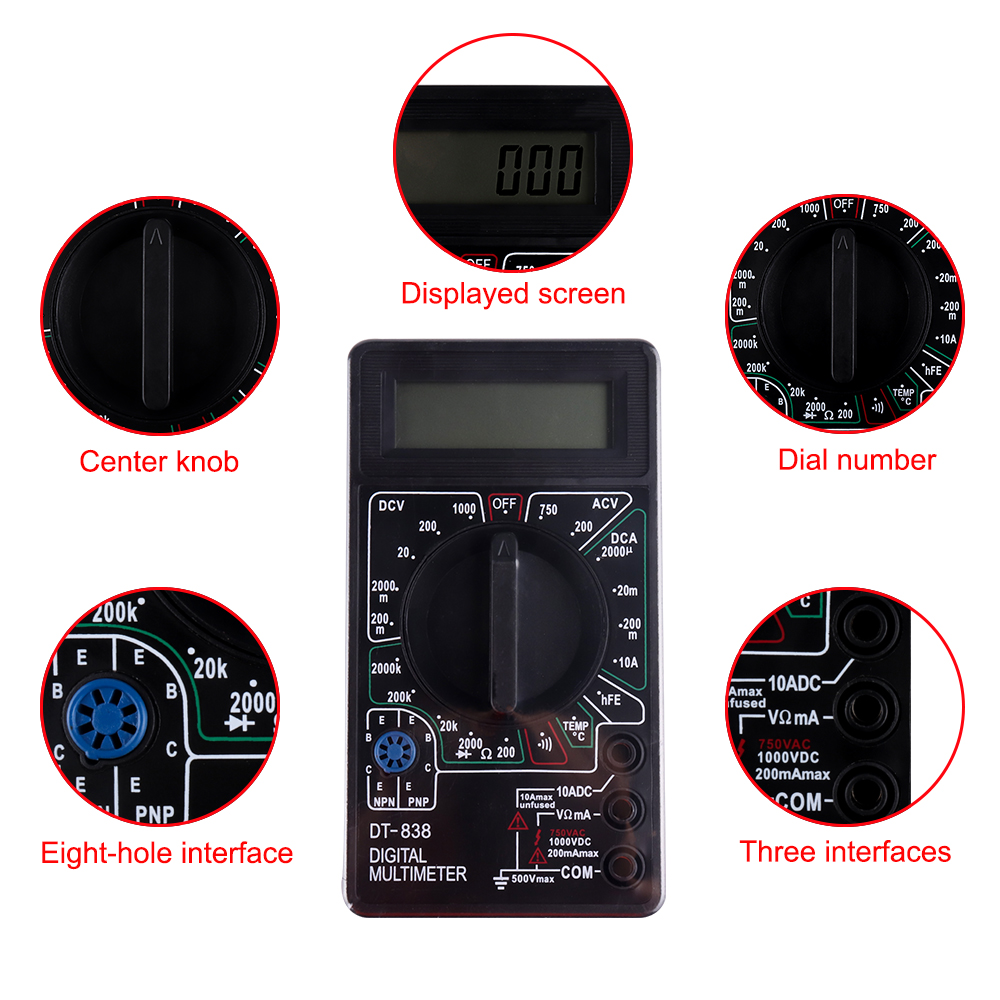 DT-838 Digital Multimeter Volt/ Amp/Ohm/Temperature Meter Voltage Tester Tools Measuring Tool