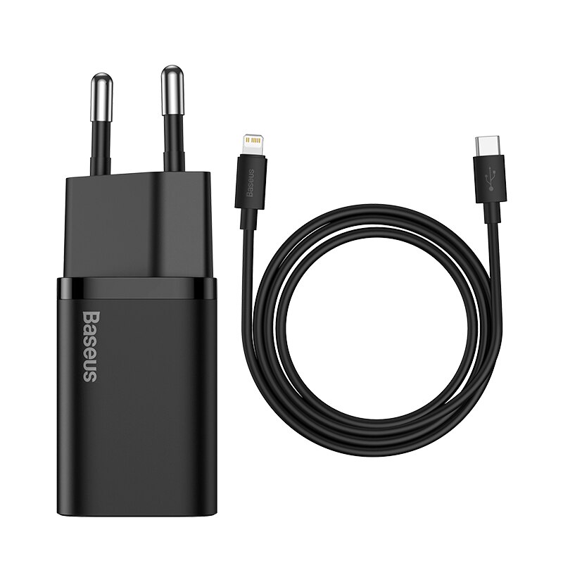 Baseus 20W Pd Super Si Usb C Lader Voor Iphone 12 Pro Max Ondersteuning QC3.0 Snel Opladen Draagbare Telefoon oplader Voor Ip 11 Pro Max: EU Black with cable