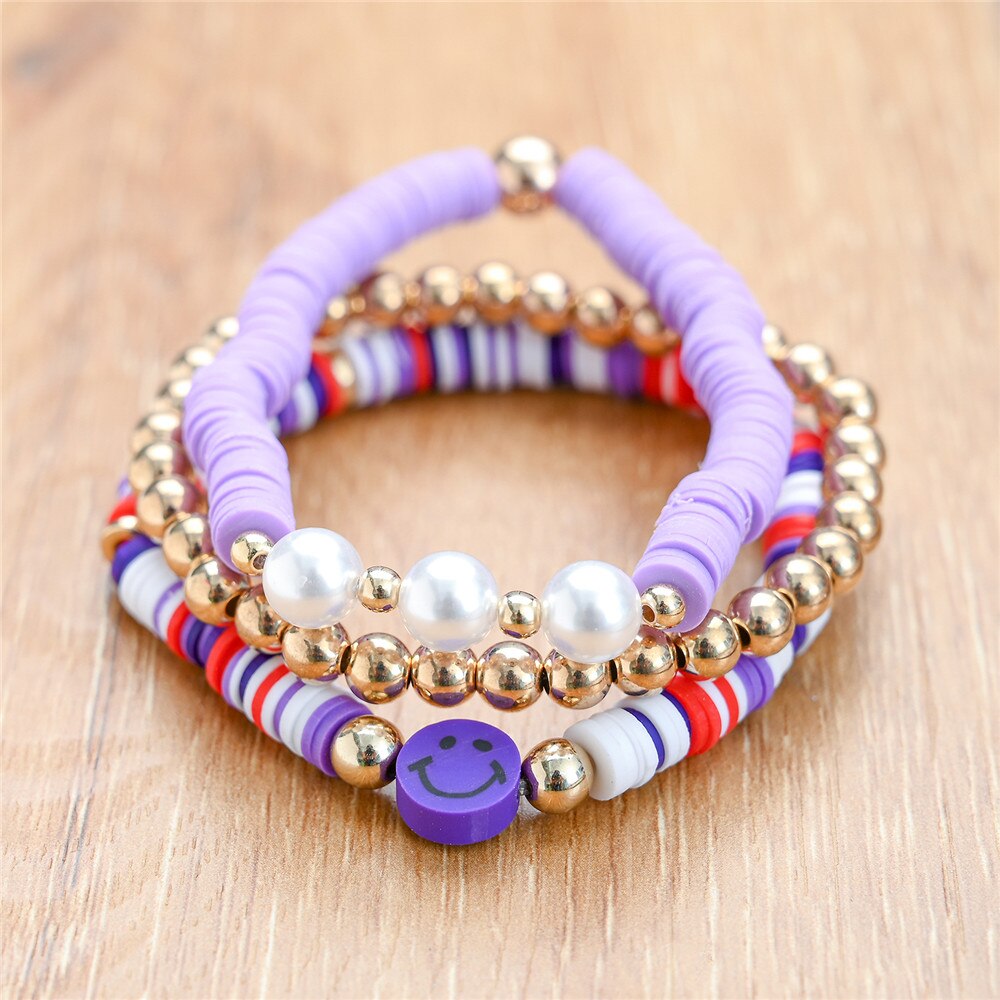 Boho Kleurrijke Polymeer Klei Smiley Gezicht Vriendschap Armband 3 Stks/set Ronde Kralen Multilayer Wrap Armband Vrouwen Polsband