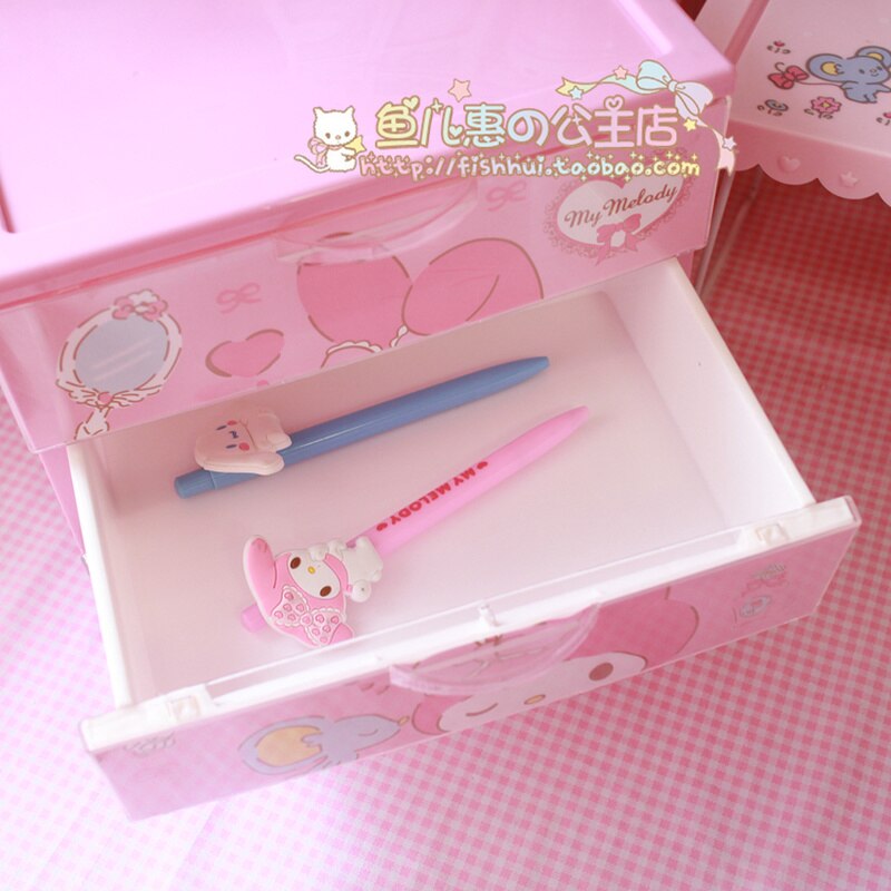 Dessin animé mignon petites étoiles jumelles ma mélodie trois couches tiroir boîte de rangement bacs créatifs filles bureau rose en plastique cosmétique