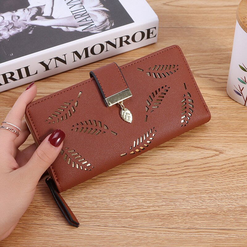 Vrouwen Portefeuilles Pu Lederen Portemonnees Vrouwelijke Lange Portefeuilles Gold Hollow Bladeren Pouch Handtas Voor Vrouwen Portemonnee Kaarthouders Clutch: Brown