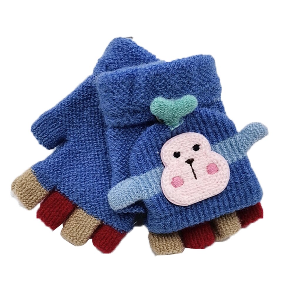 Gants d'hiver en cachemire pour bébé, mitaines tricotées à demi-doigts, dessin animé, pliables, garde au , pour fille et garçon: Bleu