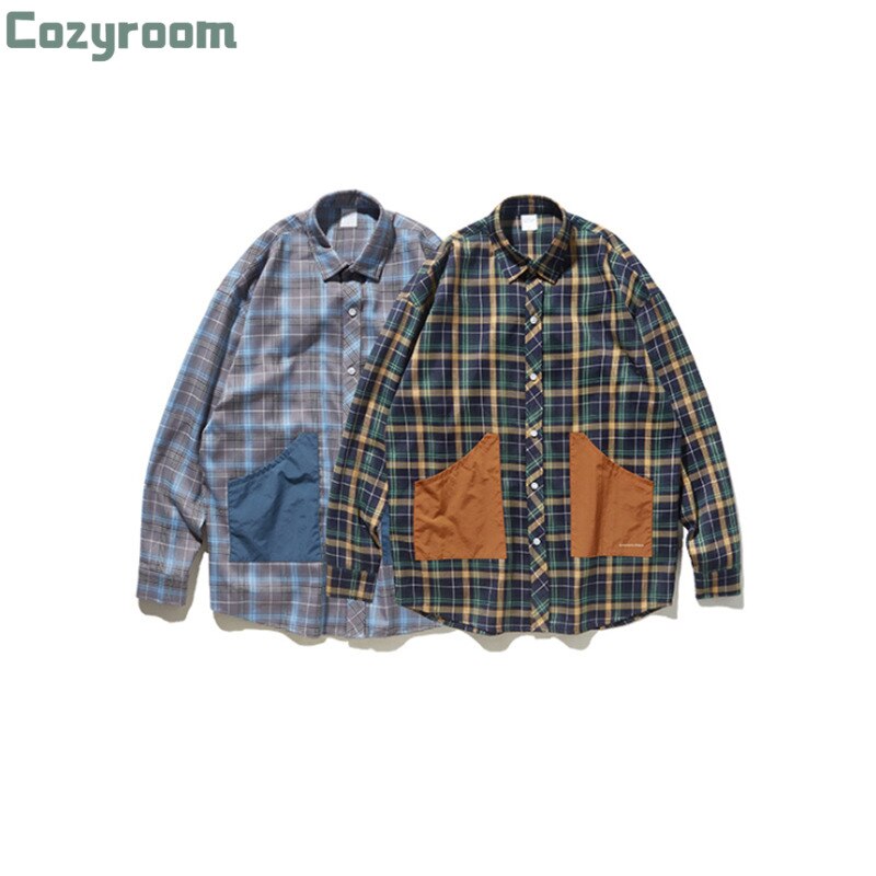 Spring Style Japanese Personality Contrast Pocket Stitching Plaid Couple Loose Shirt for Men and Women