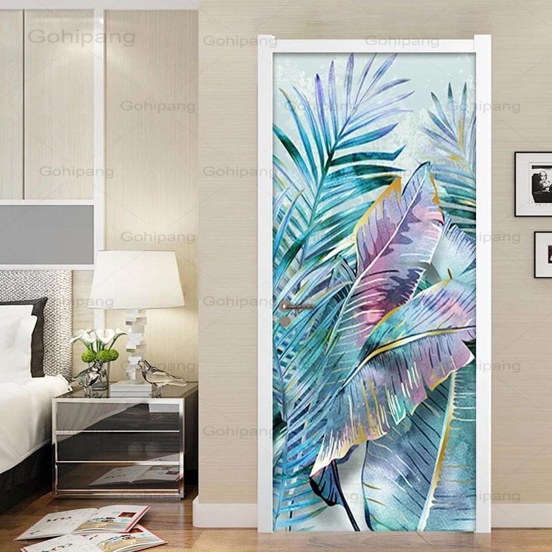 Pegatina de puerta de hojas de plantas, papel tapiz moderno para sala de estar, dormitorio, 3D, Pvc, impermeable, autoadhesivo, Mural de puerta, papeles de pared, decoración del hogar