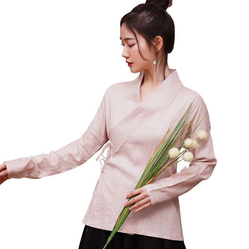 Camisa de lino y algodón para mujer, blusa Vintage, lisa, Oriental, Hanfu chino tradicional, etapa Hanfu