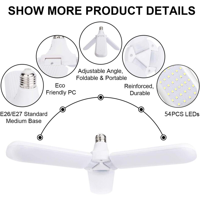 Plafondlamp E26 30/40W Led Lamp Plafond Ventilator Led Light Opvouwbare Fan Blade Hoek Verstelbare Voor Garage verlichting Plafond Verlichting