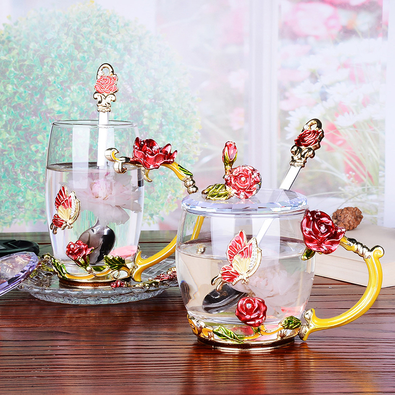 Rose Blossom En Strass Versierd Emaille Koffie Cup Beker Bloem Thee Glas Melk Cups Legering Handgreep Kopjes En Mokken
