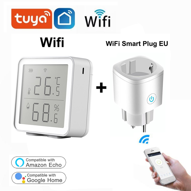 Support Google Home/Alexa Tuya WIFI Temperature And Humidity Sensor With LCD Display Tuya/Smartlife Wireless EU 16A Plug