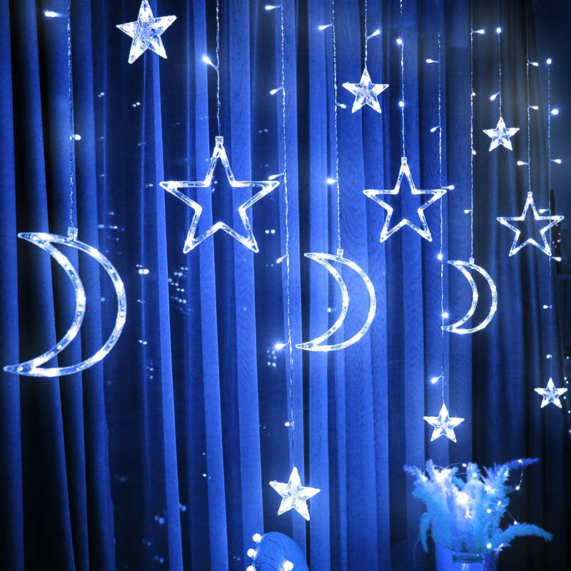 2.5M 3.2M 8 Work Modes Christmas Decoration garland LED Fairy Lights Star And Moon Curtain Light String Party Decor Lamp: Star and Moon White