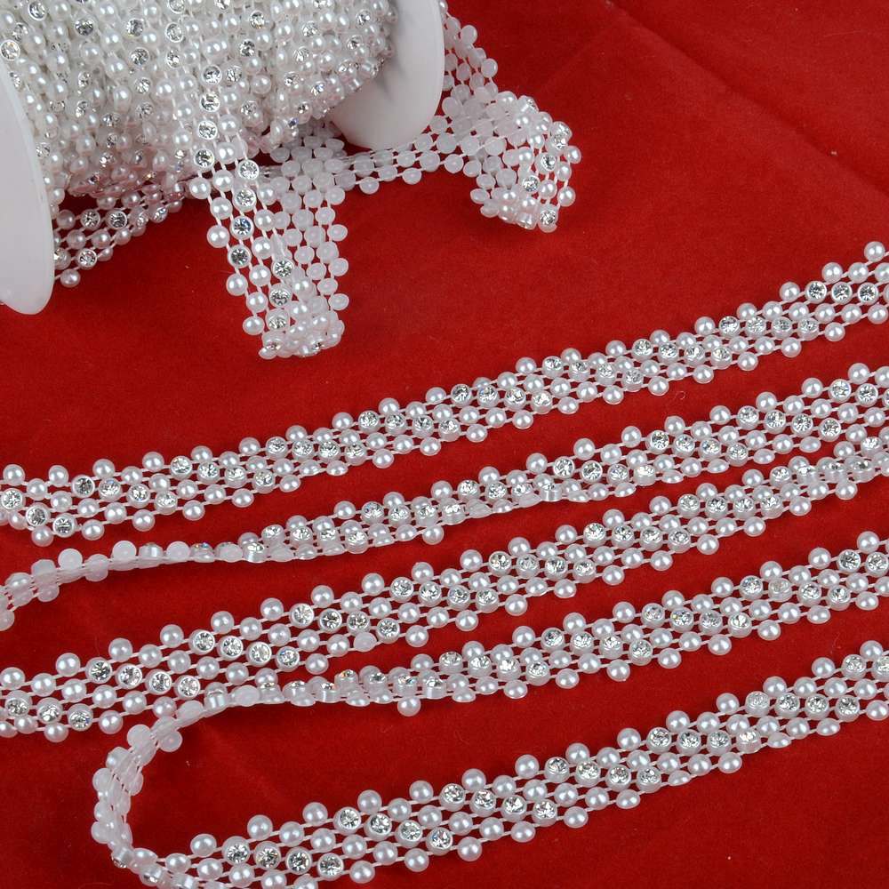 BOLIAO 1 Yard 15mm (9/16 &quot;) breedte ABS Imitatie Parel Kralen Ketting Trim en 4mm Ronde Steentjes Wedding Party Decoratie R2007