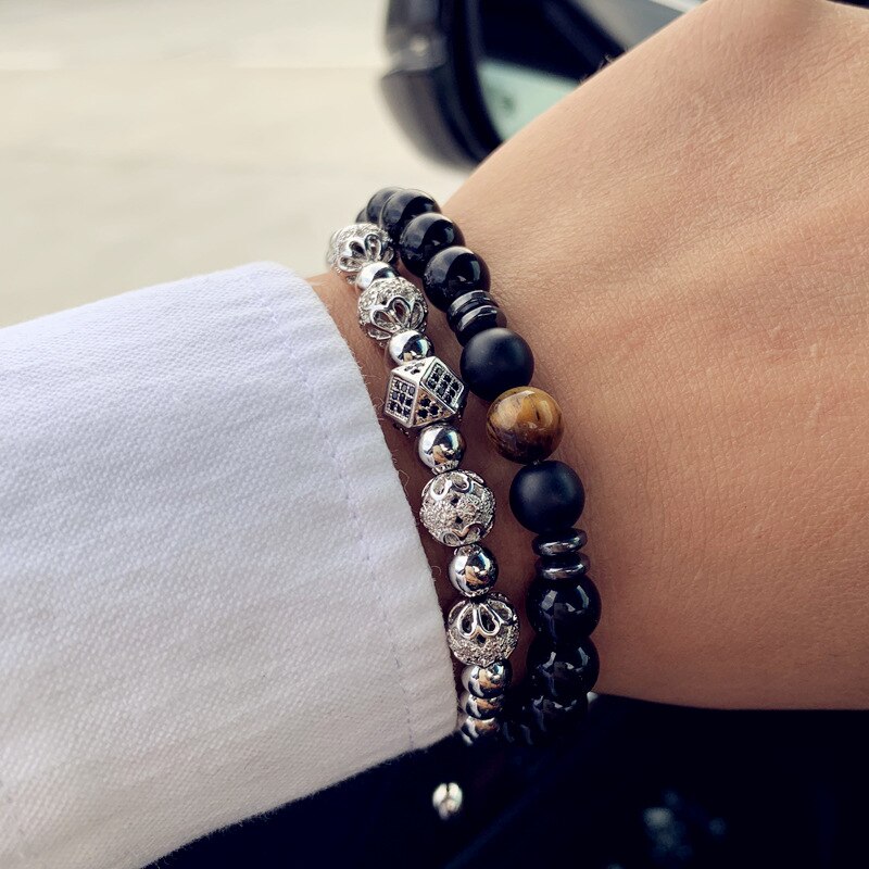 Bracelet luxueux pour hommes, 2 pièces/ensemble, Bracelet à breloques pavé, CZ Punk, perles, crâne, bijoux: 2