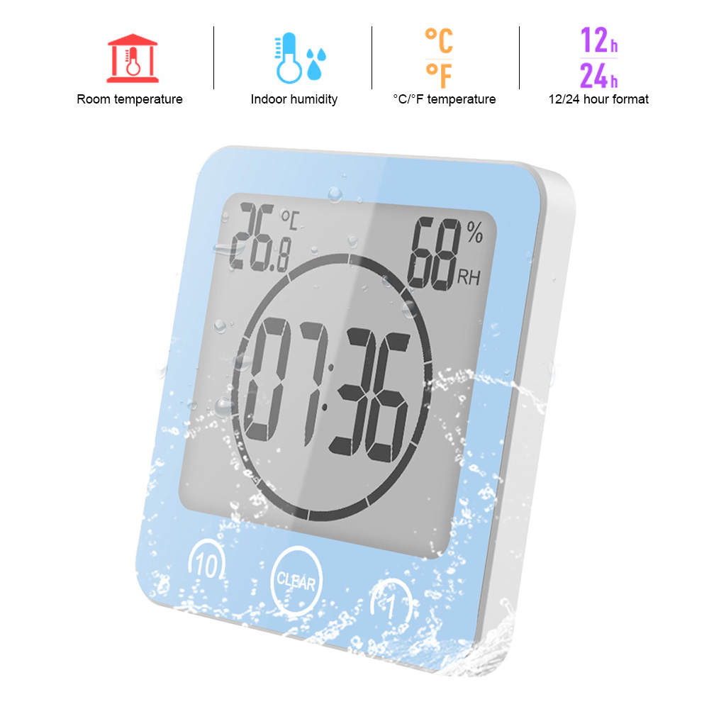 1-10 Minuten Countdown Waterdichte Digitale Lcd Display Wandklok Met Ondersteuning Sucker Thermometer Hygrometer Voor Badkamer