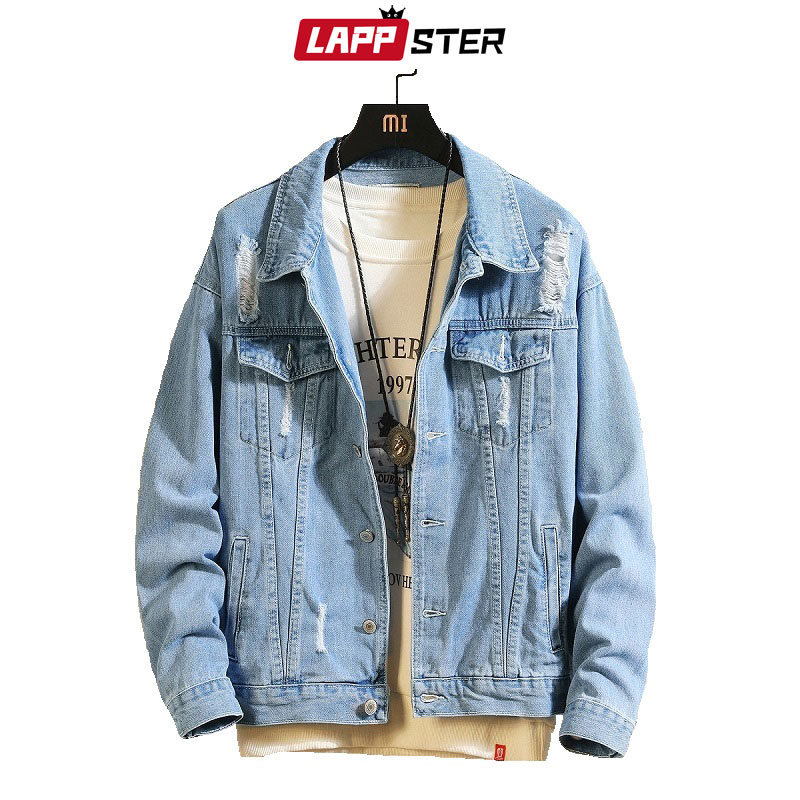 Lappster blåt hul japansk streetwear denim jakker mænd hip hop bomber jakke denim jakke harajuku casual windbreaker 4xl