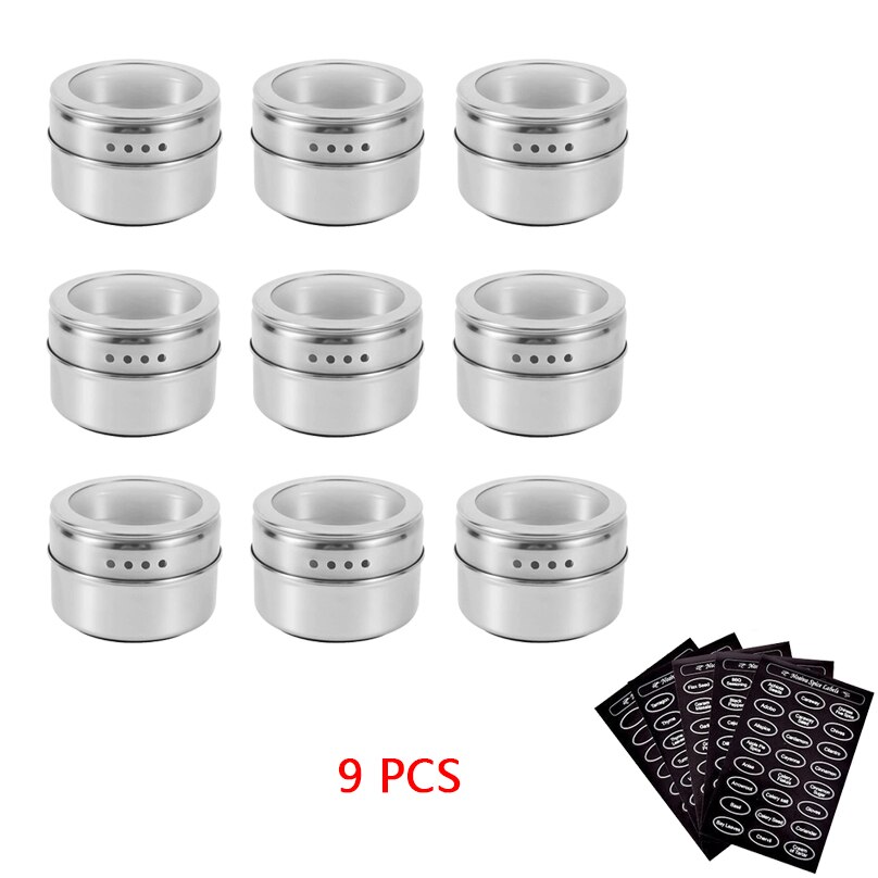 Magnetyczne słoiczki na przyprawy zestawy ze stali nierdzewnej przyprawy organizator, pieprz sitko robić przypraw pojemnik robić przechowywania z przyprawami etykiety robić kuchni: 9 szt