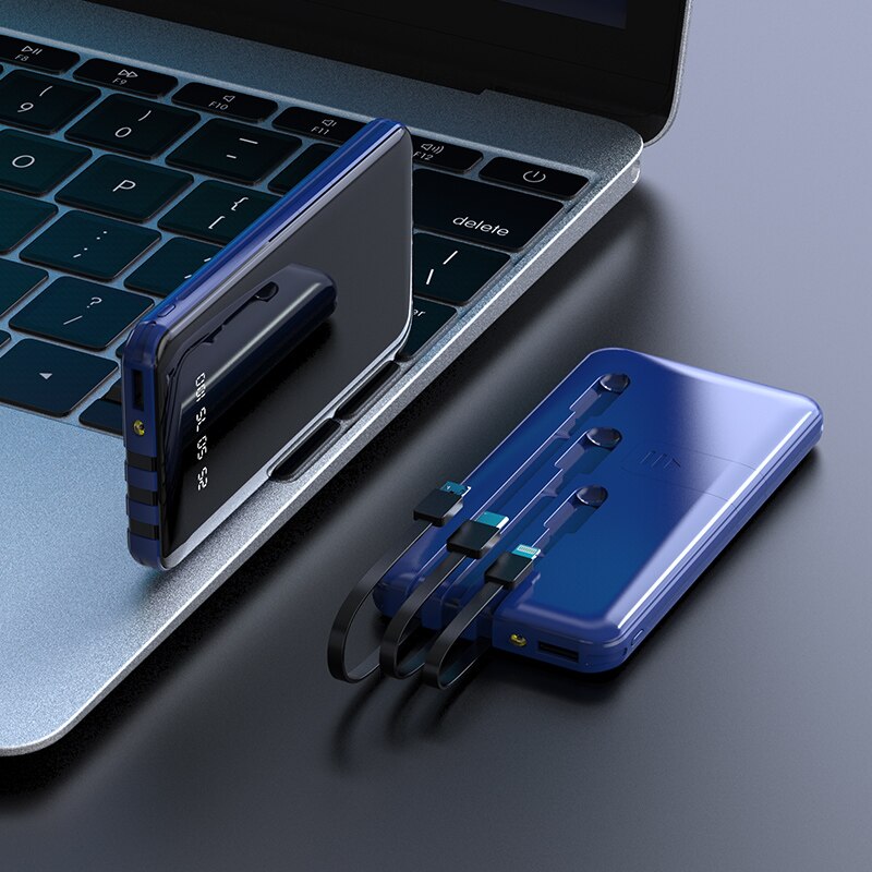 30000 mah powerbank bærbar hurtig opladning fuld skærm bygget -in 3 kabler powerbank eksternt batteri til iphone xiaomi samsung: Blå