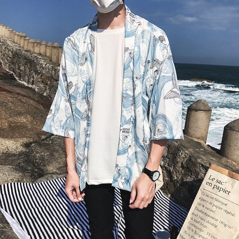 Oscn 7 trykt kimono cardigan skjorte herre street korea trekvart ermer frakk skjorter harujuku herre skjorte 8805: Oransje / M