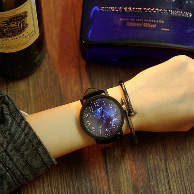 Bayan kol saati læderbånd par ur stor urskive kvarts armbåndsure dameur montre femme horloge damer elsker: Sort-stjernehimmel