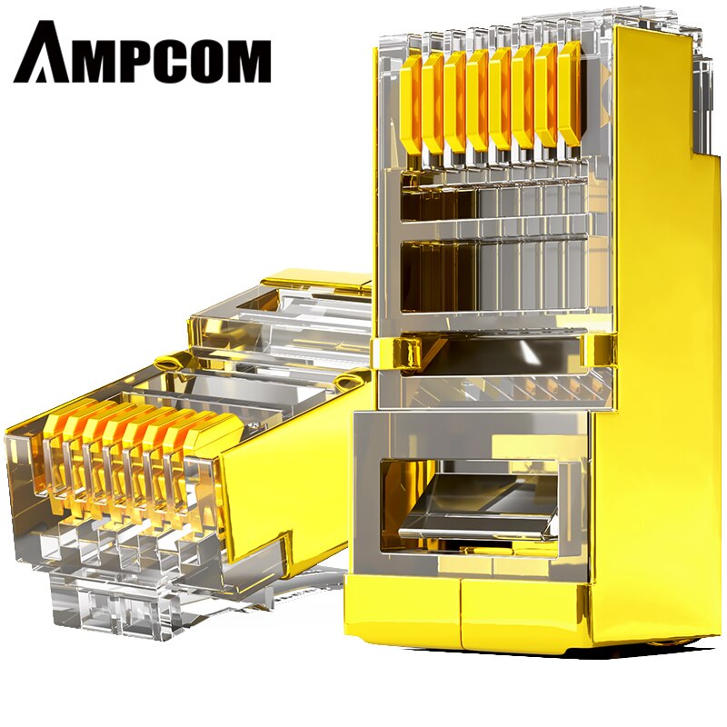 Ampcom suojattu  rj45 cat 6 liitin modulaarinen pistokeliitin 8 p 8c puristuspää ethernet-kaapeli ethernet-liitin kullattu 50u: Läpinäkyvä / 50- kpl